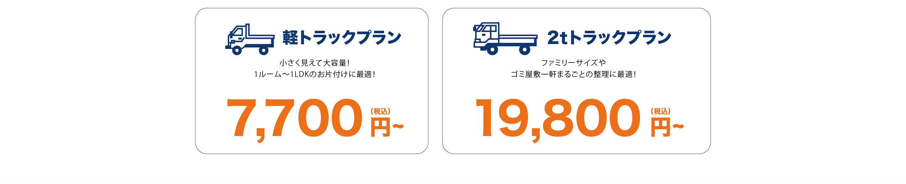 軽トラックプラン 小さく見えて大容量！ 1ルーム～1LDKのお片付けに最適！ 7,700円（税込）～
2ｔトラックプラン ファミリーサイズや ゴミ屋敷一軒まるごとの整理に最適！
19,800円（税込）～