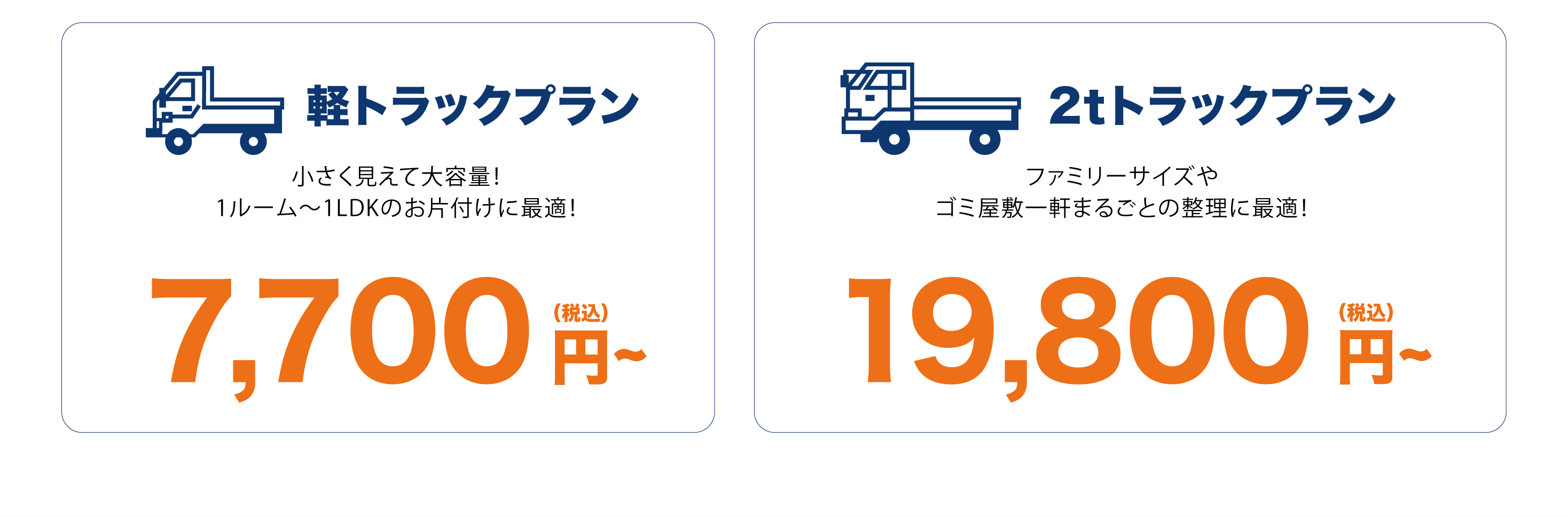 軽トラックプラン 小さく見えて大容量！ 1ルーム～1LDKのお片付けに最適！ 7,700円（税込）~ 2ｔトラックプラン ファミリーサイズや ゴミ屋敷一軒まるごとの整理に最適！