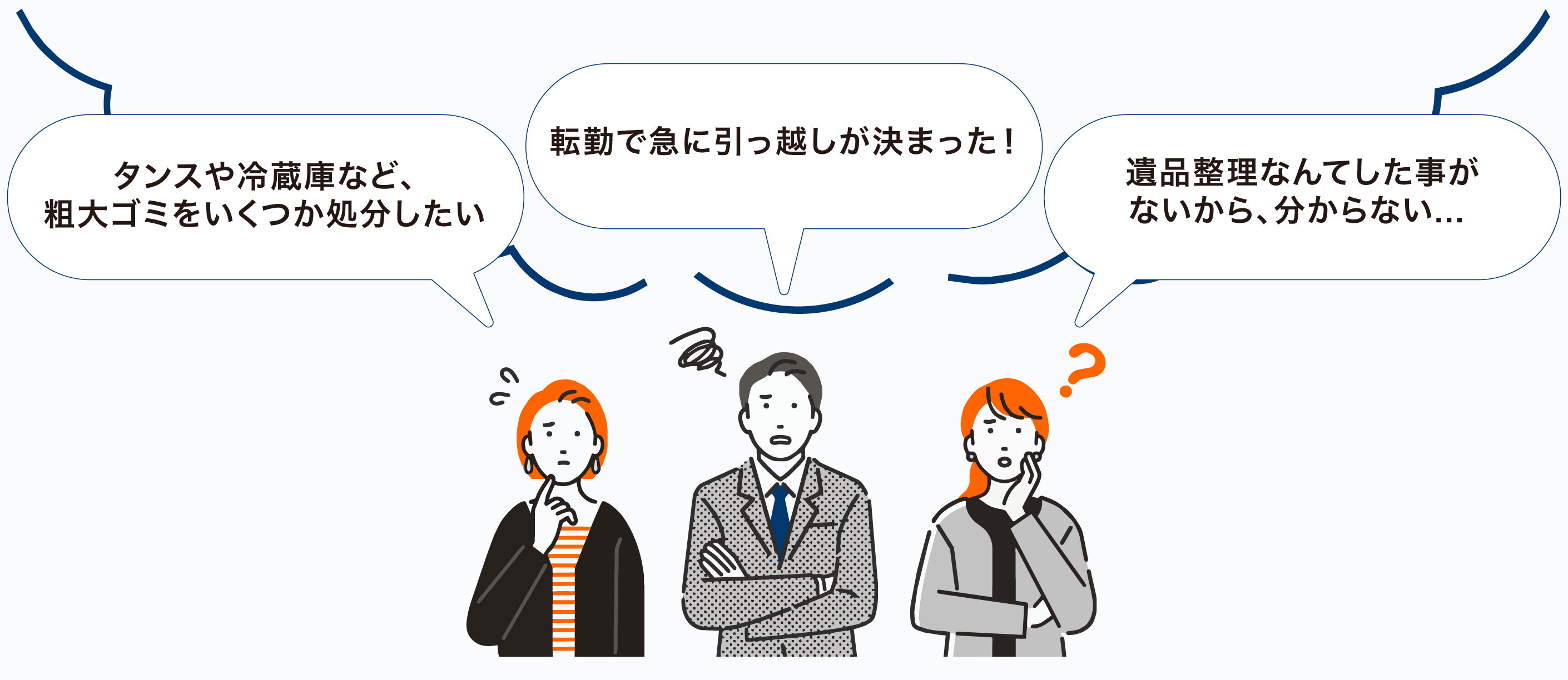 三人の人物が話し合っているイラスト。左の女性はゴミ処分について考え、真ん中の男性は転勤について話し、右の女性は遺品整理の困難について不安を表している。
