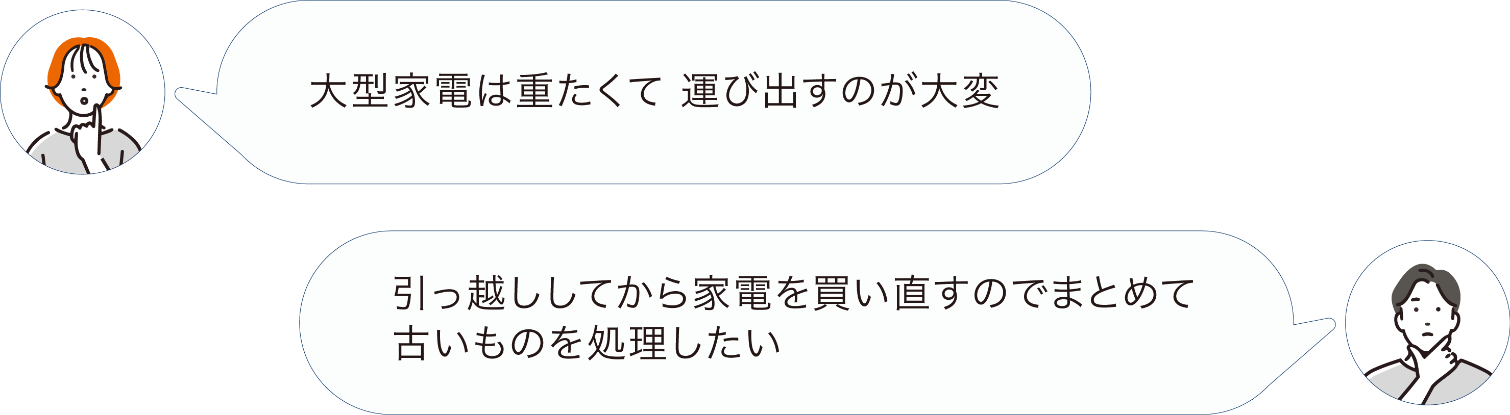 二つのキャラクターが大型家電の運搬について話しているコミュニケーションの場面