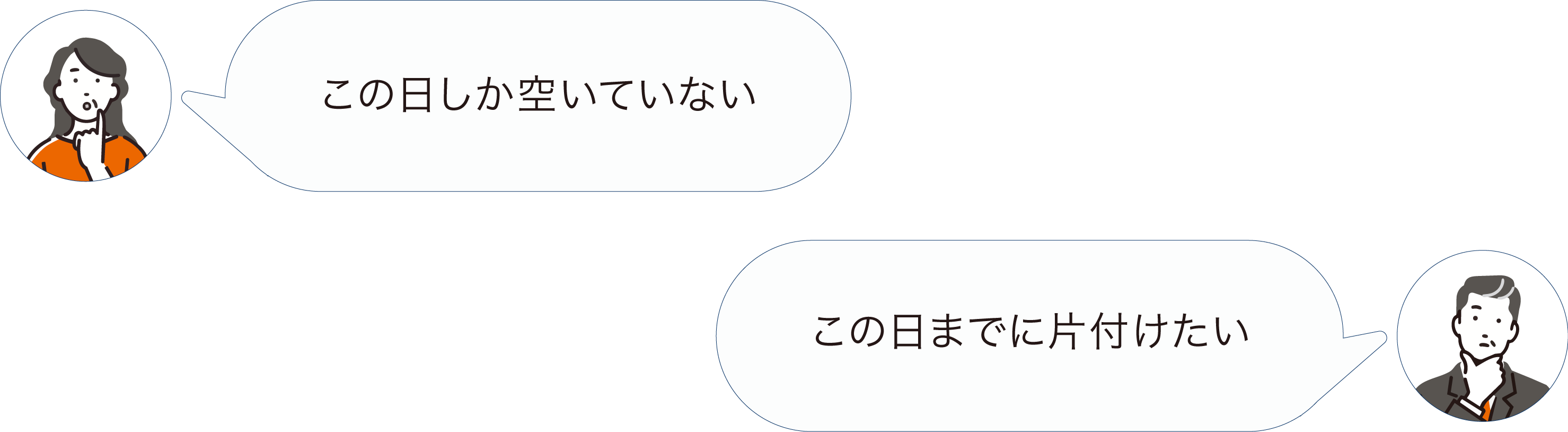 会話文が表示されたイラスト。左側に女性が「この日しか空いていない」、右側に男性が「この日までに片付けたい」と話している。